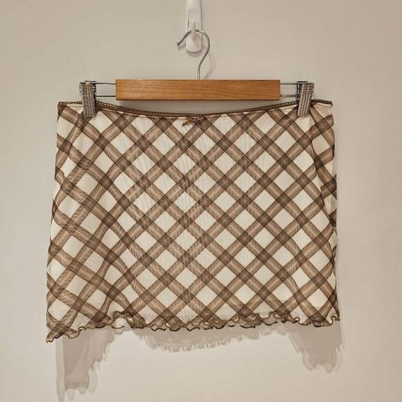 H&M Mesh Mini Skirt M Cream Brown Checked - Picture 3 of 7